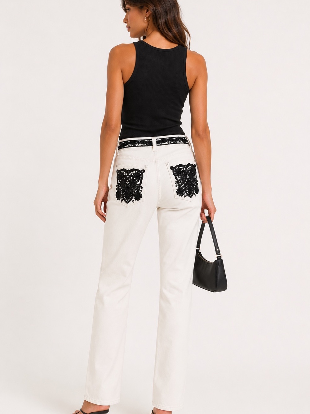 Roberto Cavalli Embroidered Beaded White Black Straight Leg Pants Size 44 Luxury